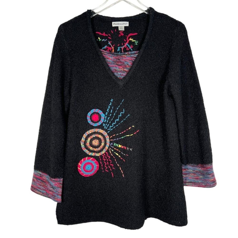 Parkhurst Women's Embroidered V-Neck Tunic Sweater S Black Pullover Top